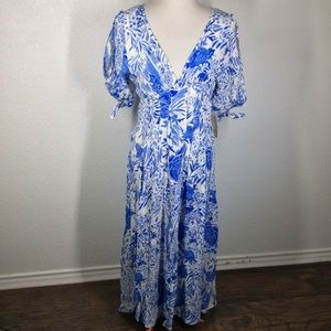 $168 NWT FREE PEOPLE Sz6 FOREVER ALWAYS V-NECK PLEAT MIDI DRESS BLUE COMBO PRINT